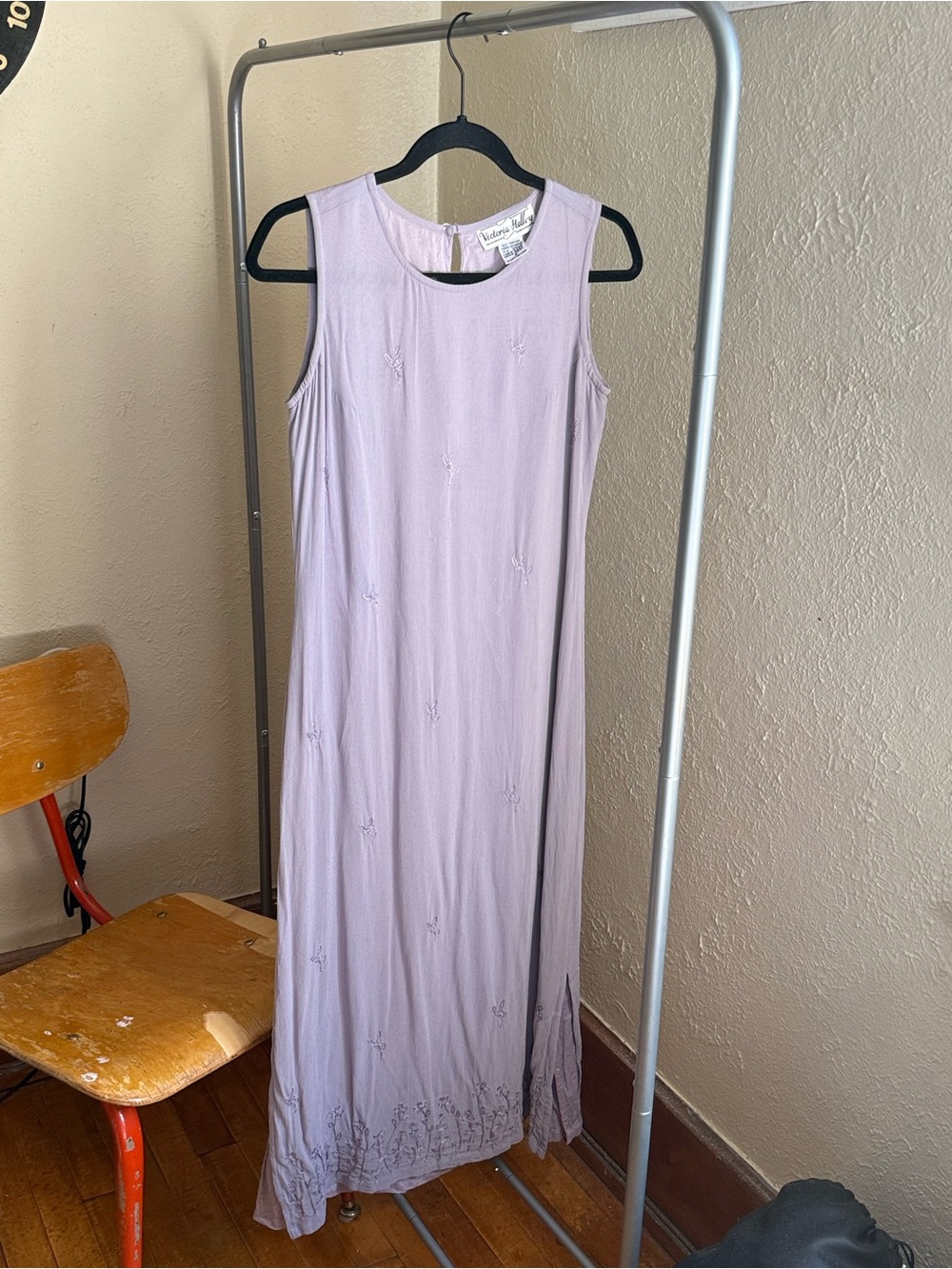 1970s Embroidered Lavender Maxi Dress Victoria Holley